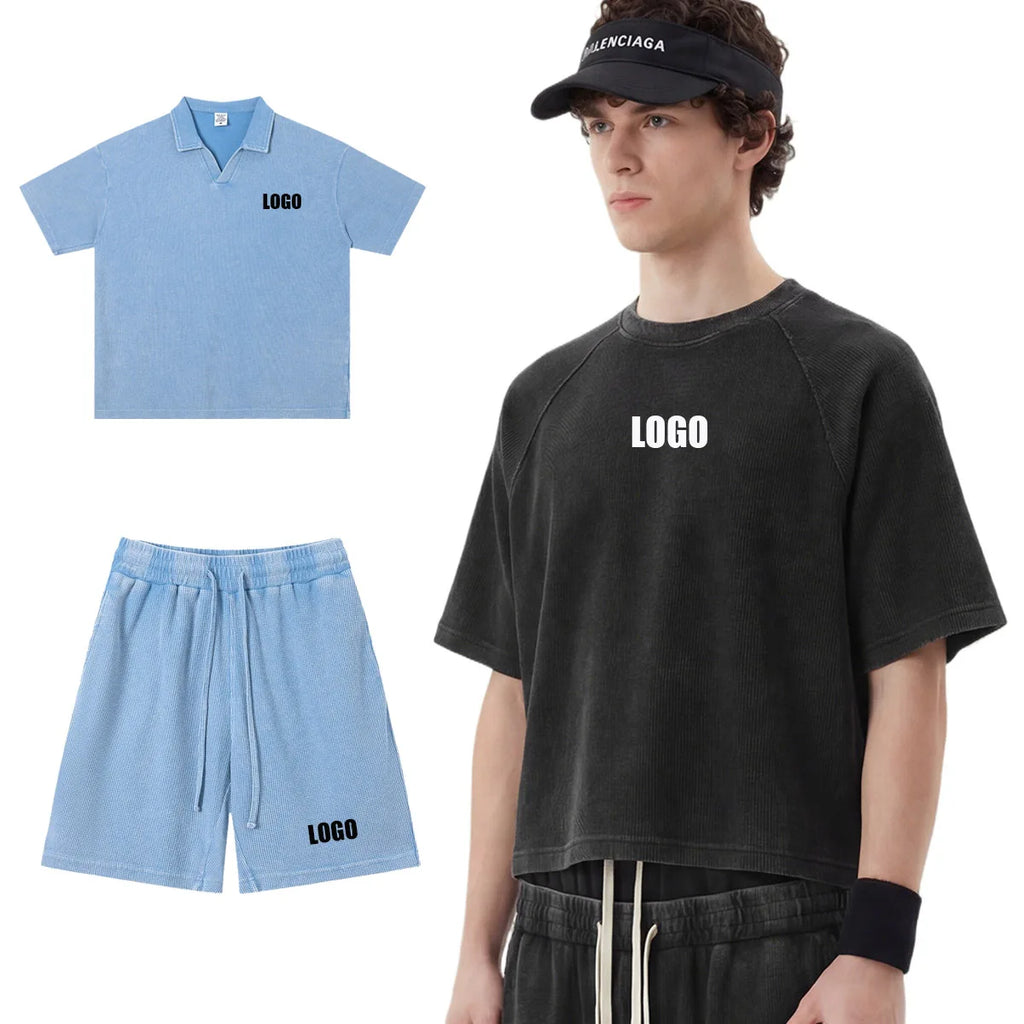 Custom LOGO Men's Summer 235G American Waffle Wash Fade Old Cotton Polyester Boxy Short Wide Shoulder Short Sleeve T-ShirtCustomizable High Quality Skinny Short Sleeve T-Shirt | Custom Logo