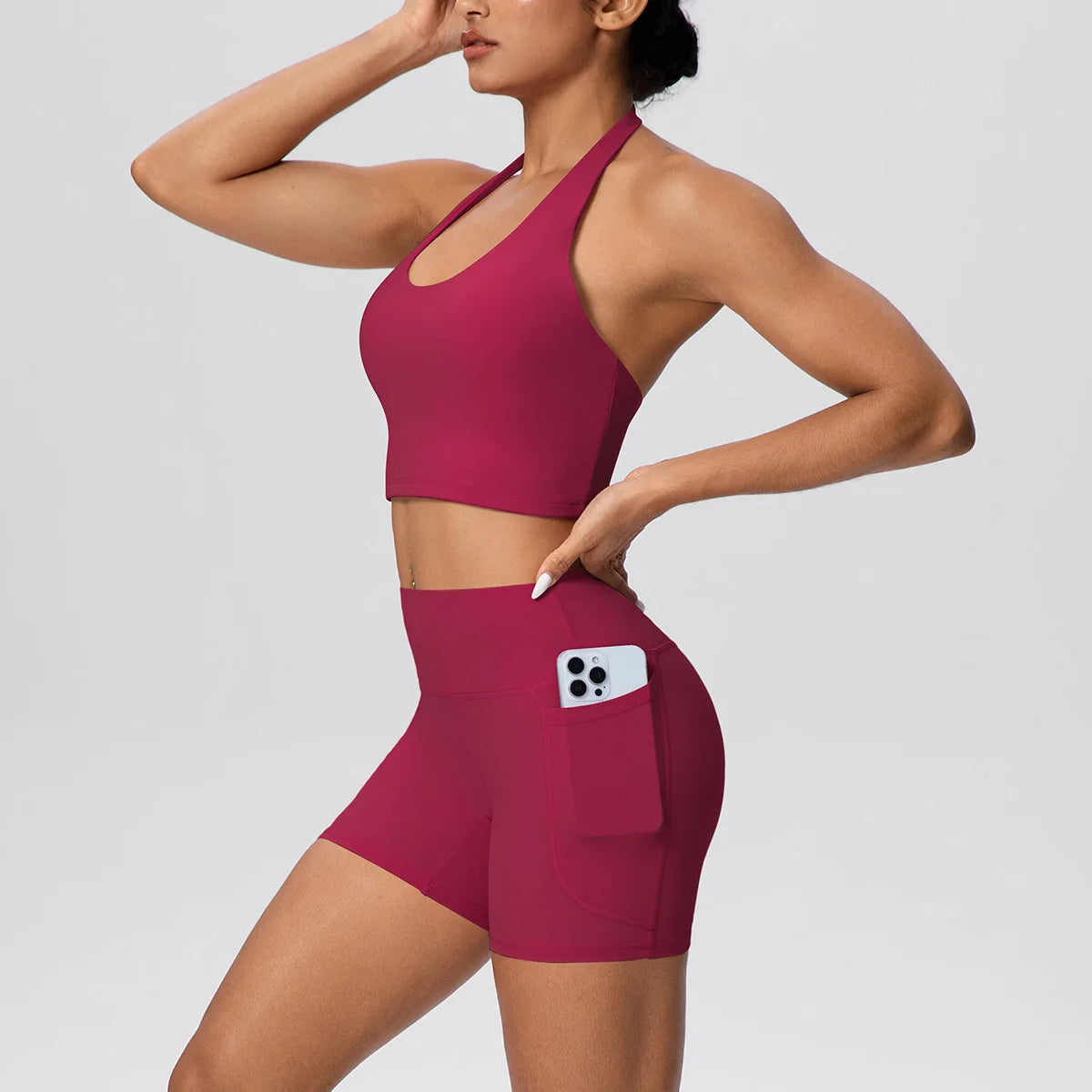Custom LOGO new women's neck vest pocket shorts yoga clothes sports and fitness two-piece set