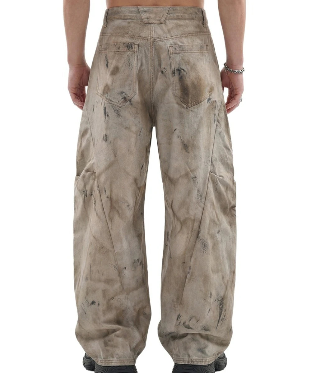 Custom LOGO men's 270G pure cotton high street retro casual pants scimitar denim texture mud yellow old loose wide-leg pants