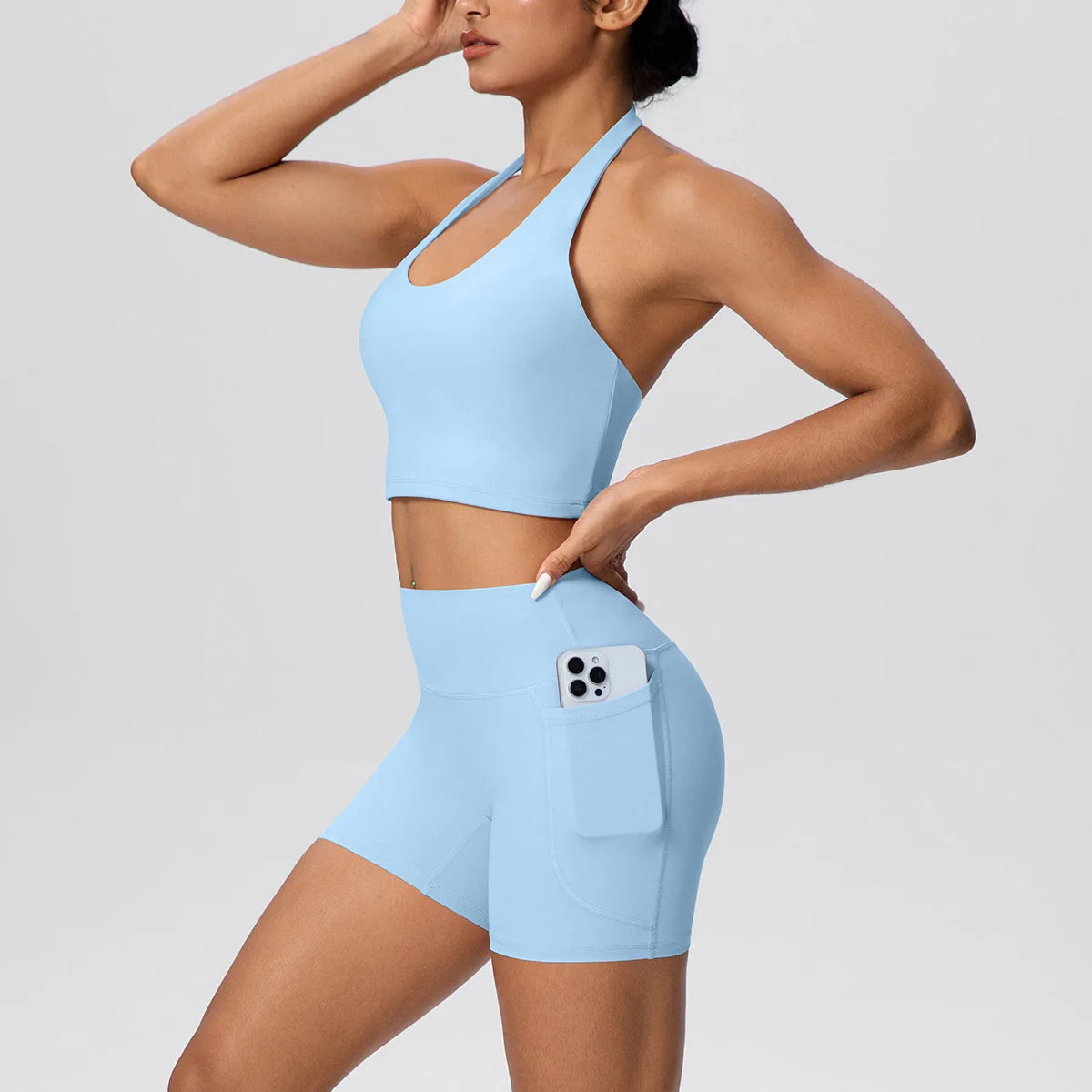 Custom LOGO new women's neck vest pocket shorts yoga clothes sports and fitness two-piece set
