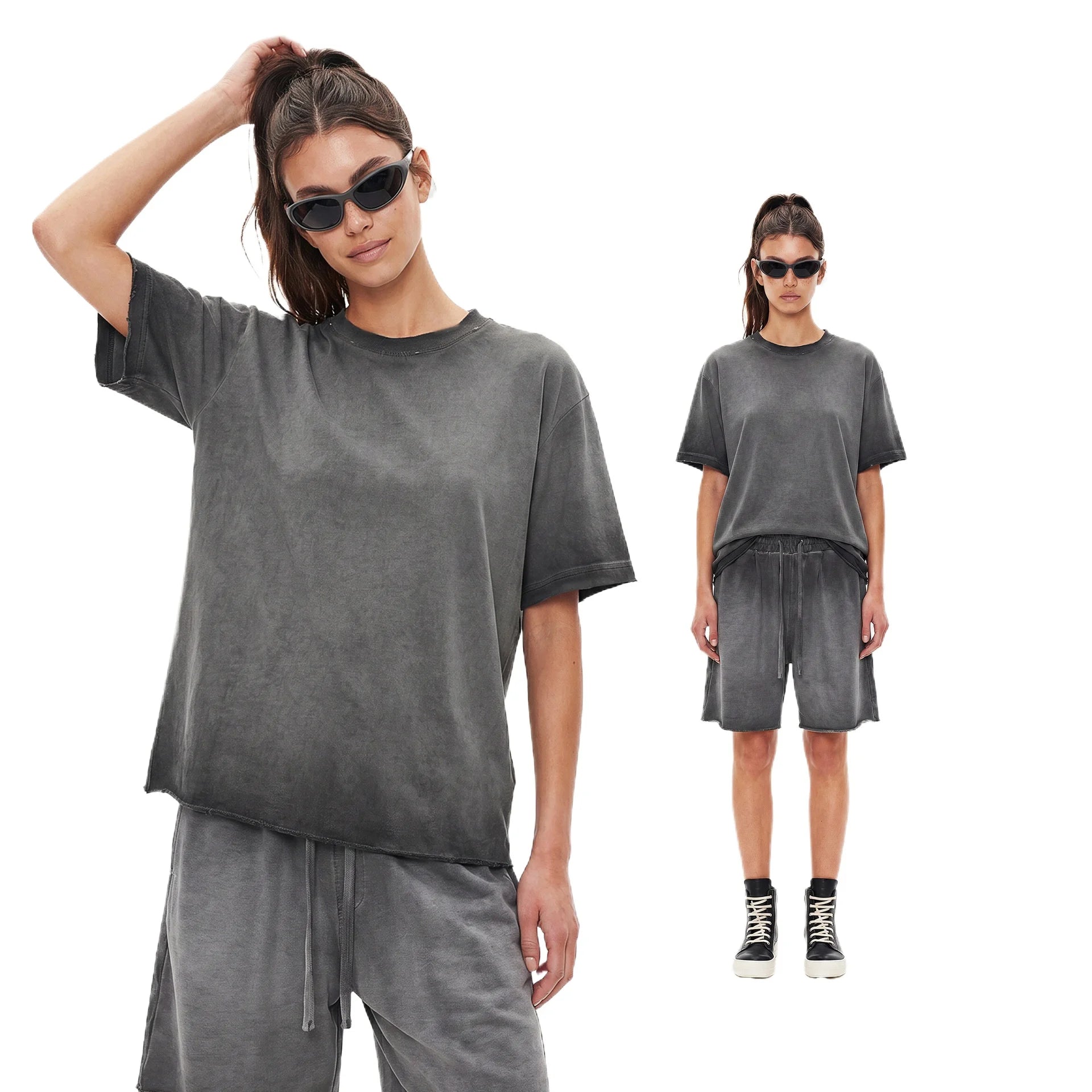 Custom LOGO men's women's 275G washed old 100% cotton spring and summer casual short sleeves American street shorts sports suit