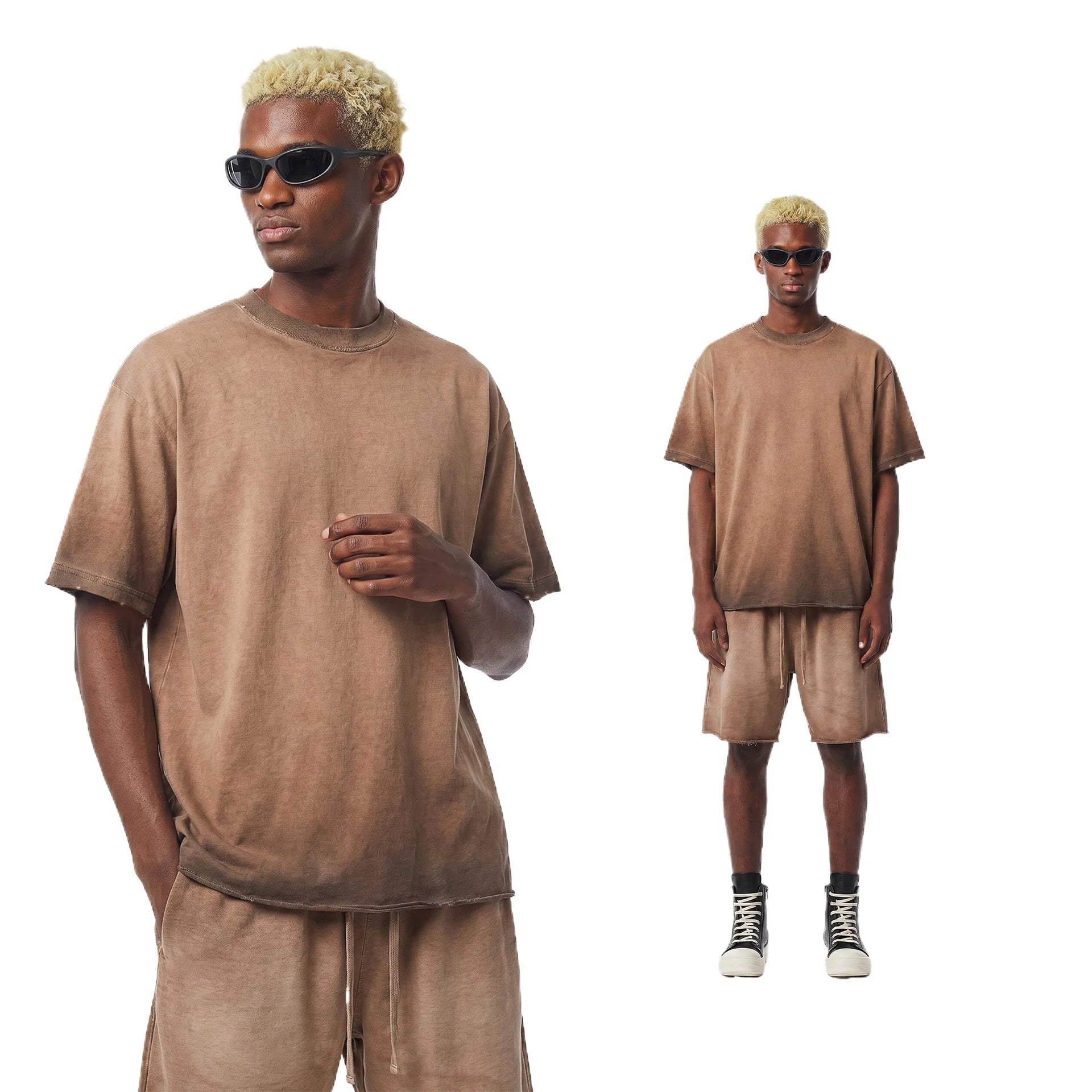 Custom LOGO men's women's 275G washed old 100% cotton spring and summer casual short sleeves American street shorts sports suit