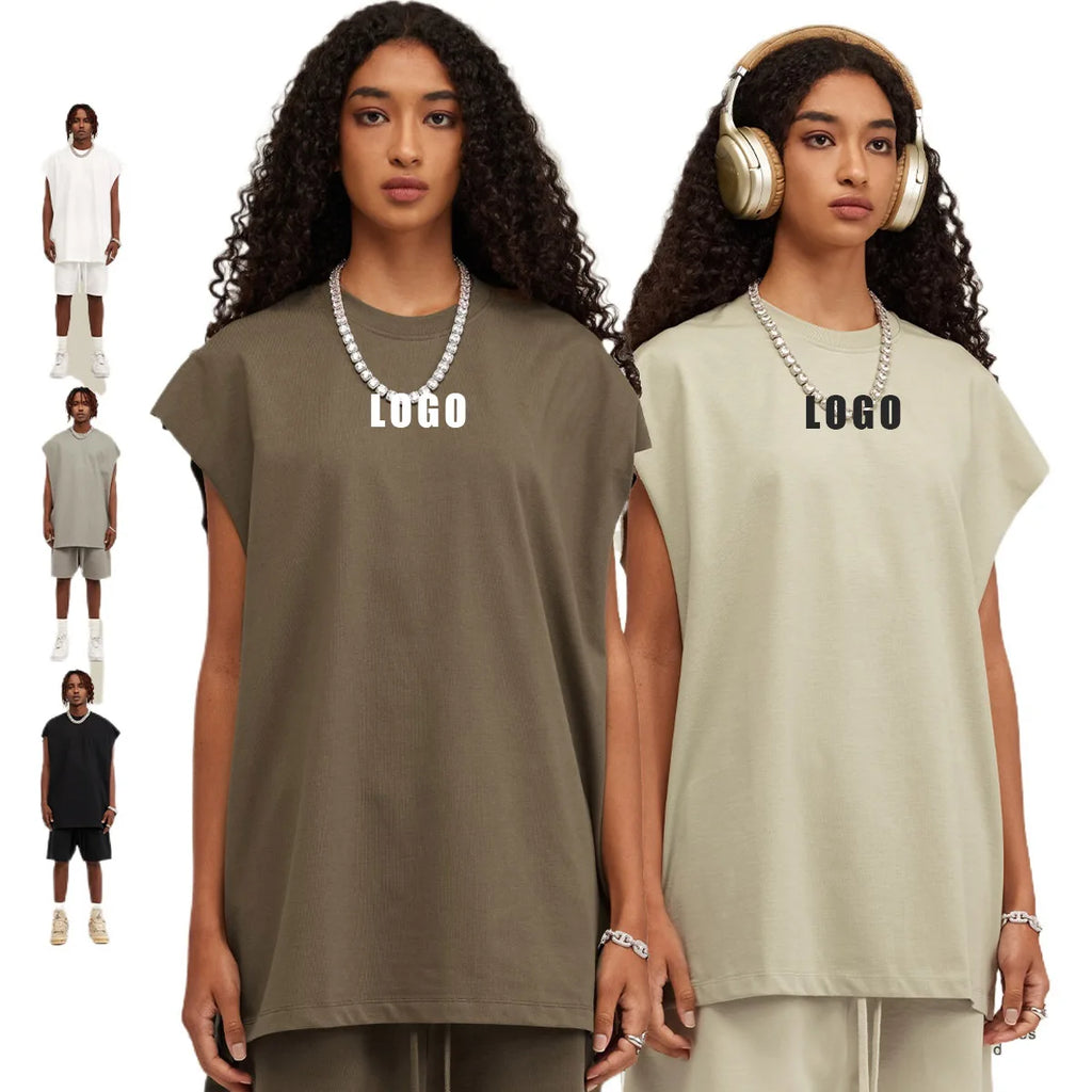 Custom LOGO Women's Spring and Summer 305G Heavy 100% Cotton Sleeveless Vest i Loose Sports Vest Men's and Women's Couples Top