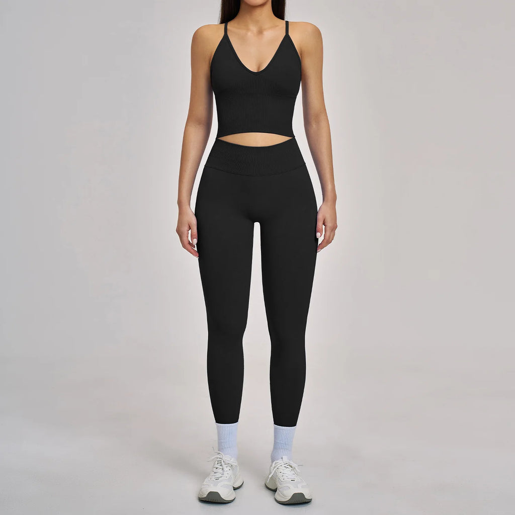Custom LOGO women's seamless yoga I-shaped beautiful back tight fitness clothes high elastic running sports two-piece set