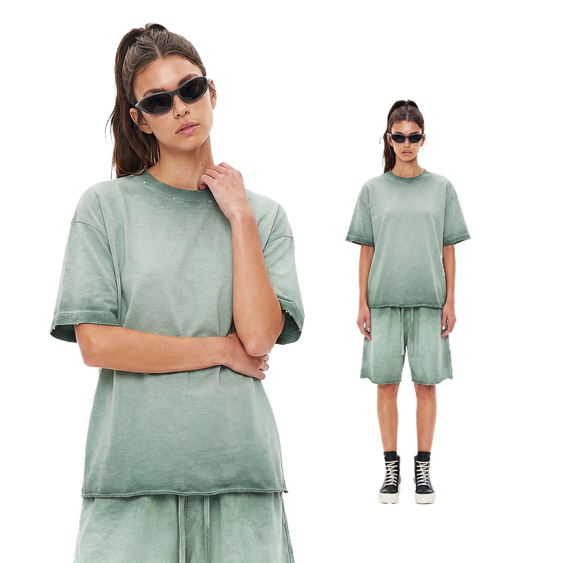 Custom LOGO men's women's 275G washed old 100% cotton spring and summer casual short sleeves American street shorts sports suit