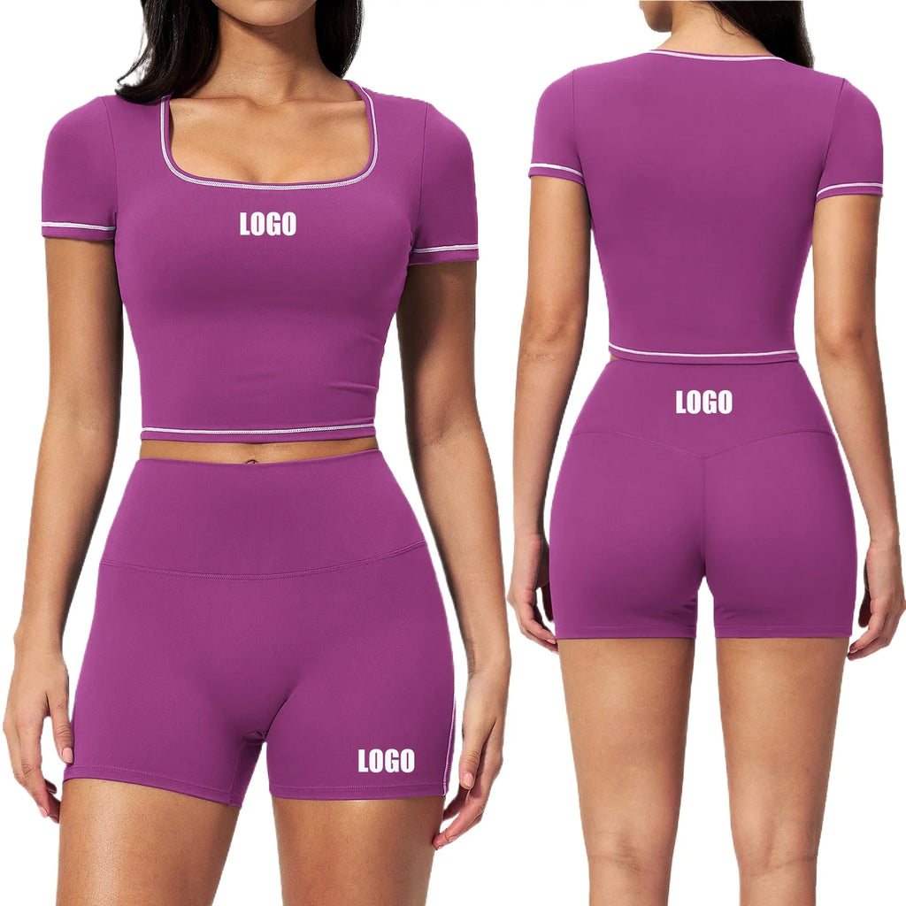 Custom LOGO women's summer new tight yoga elastic high waist sports shorts quick-drying fitness short-sleeved two-piece set