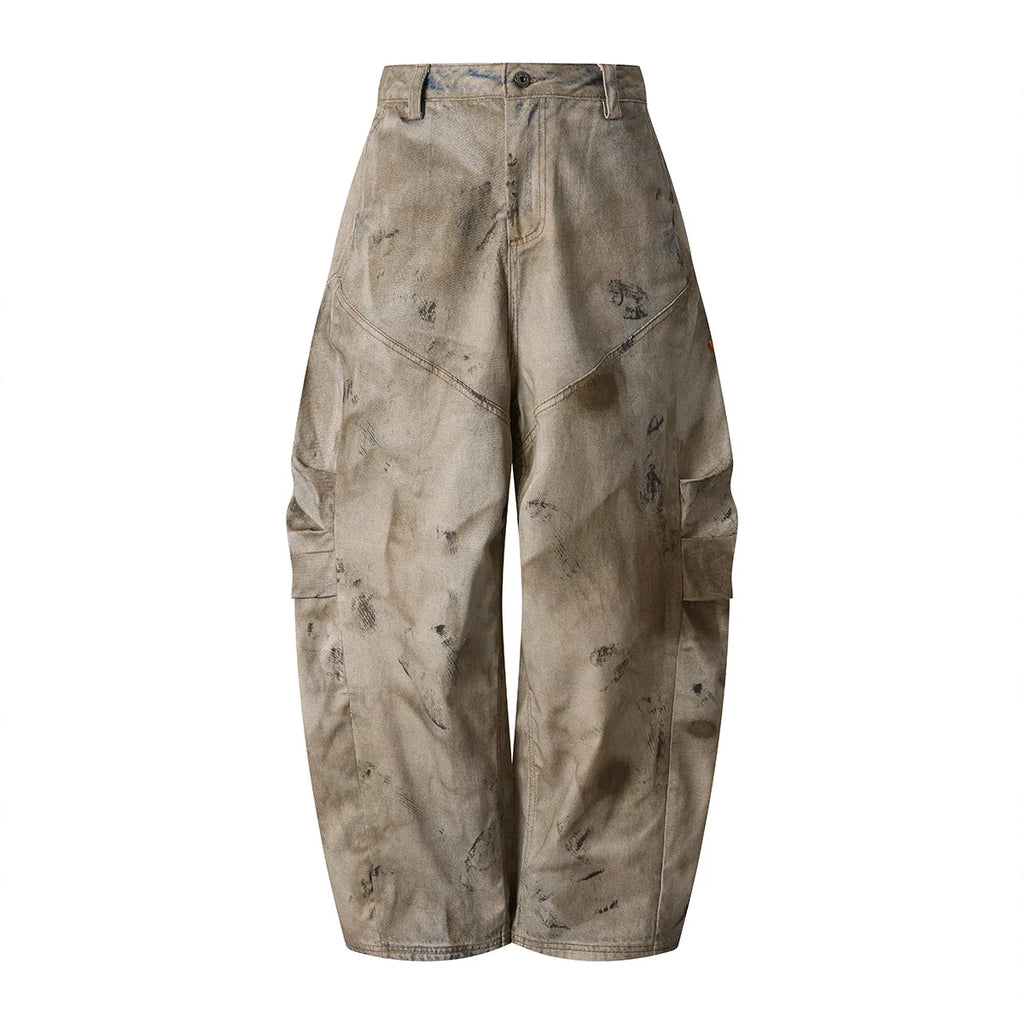 Custom LOGO men's 270G pure cotton high street retro casual pants scimitar denim texture mud yellow old loose wide-leg pants