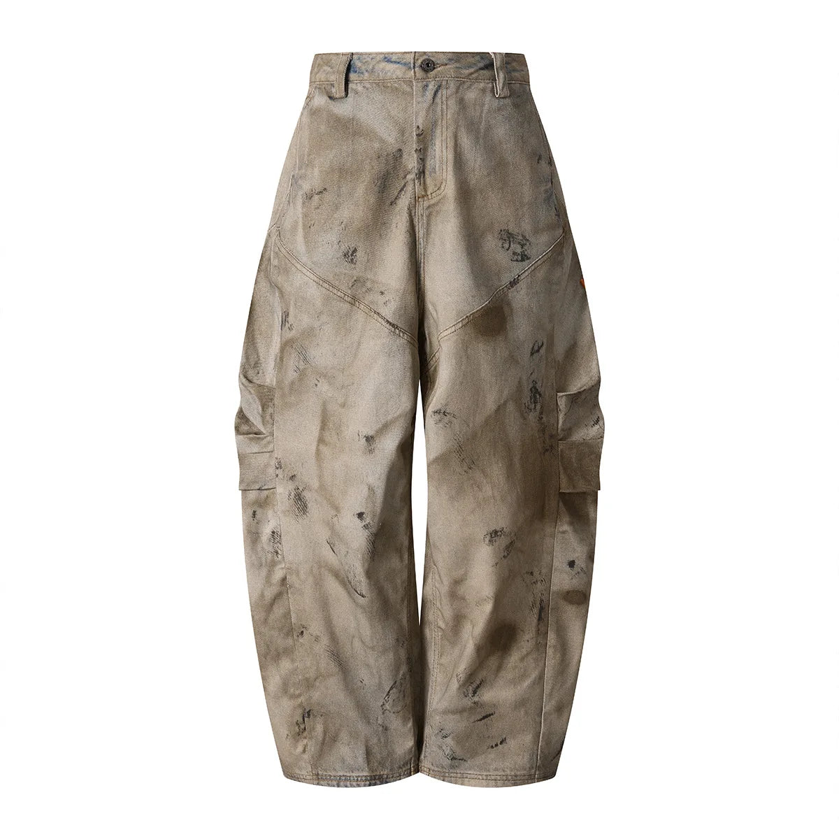 Custom LOGO men's 270G pure cotton high street retro casual pants scimitar denim texture mud yellow old loose wide-leg pants