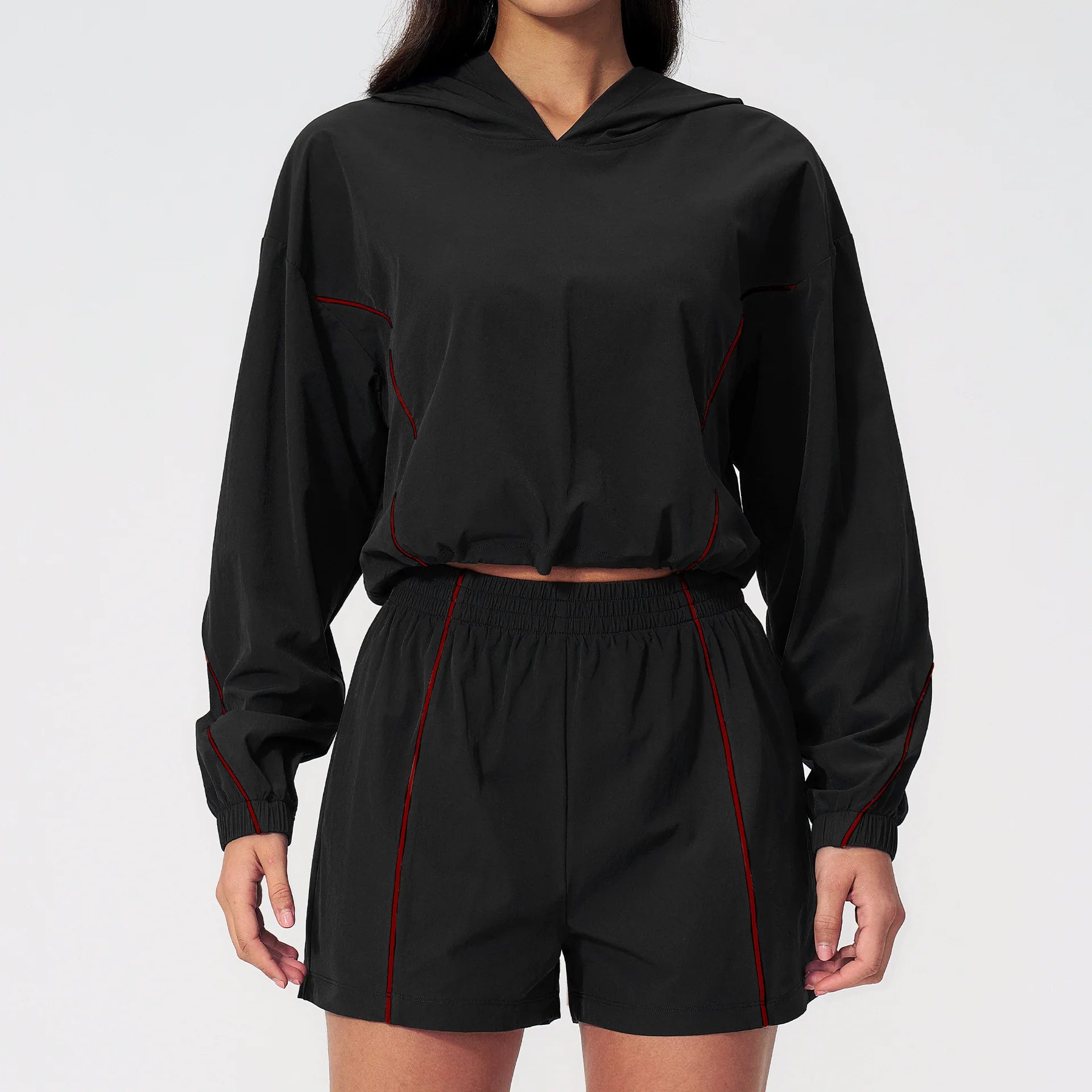 Custom LOGO women's summer sports sunscreen  contrasting outdoor casual running fitness quick-drying shorts hoodie two-piece set