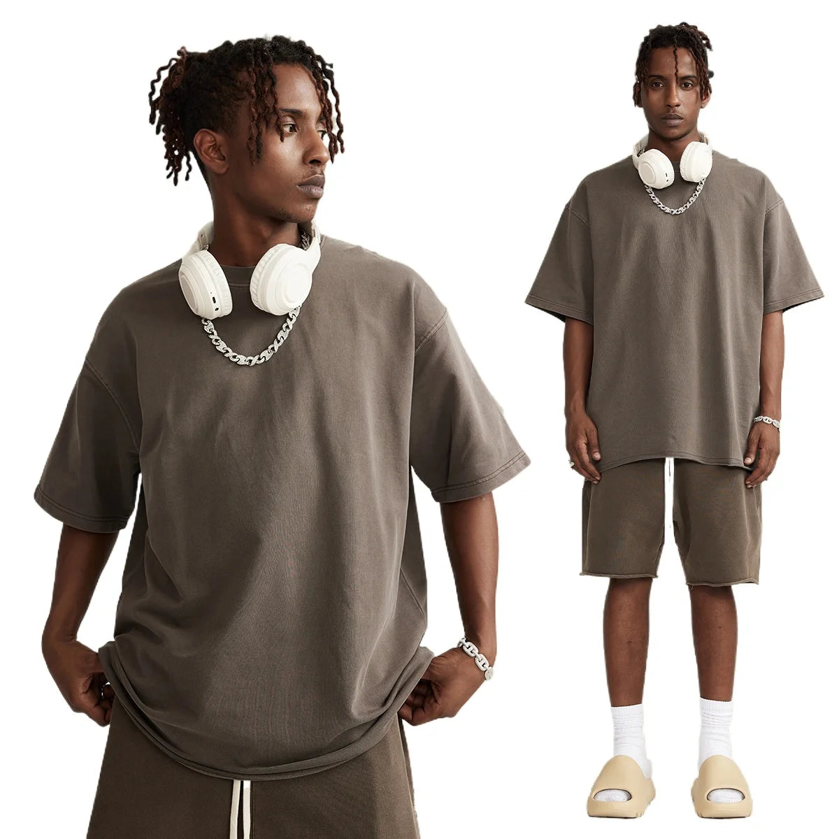 Custom LOGO men's summer short sleeves 260G shorts 410G heavy 100% cotton zip pocket loose edge washed old couple suit