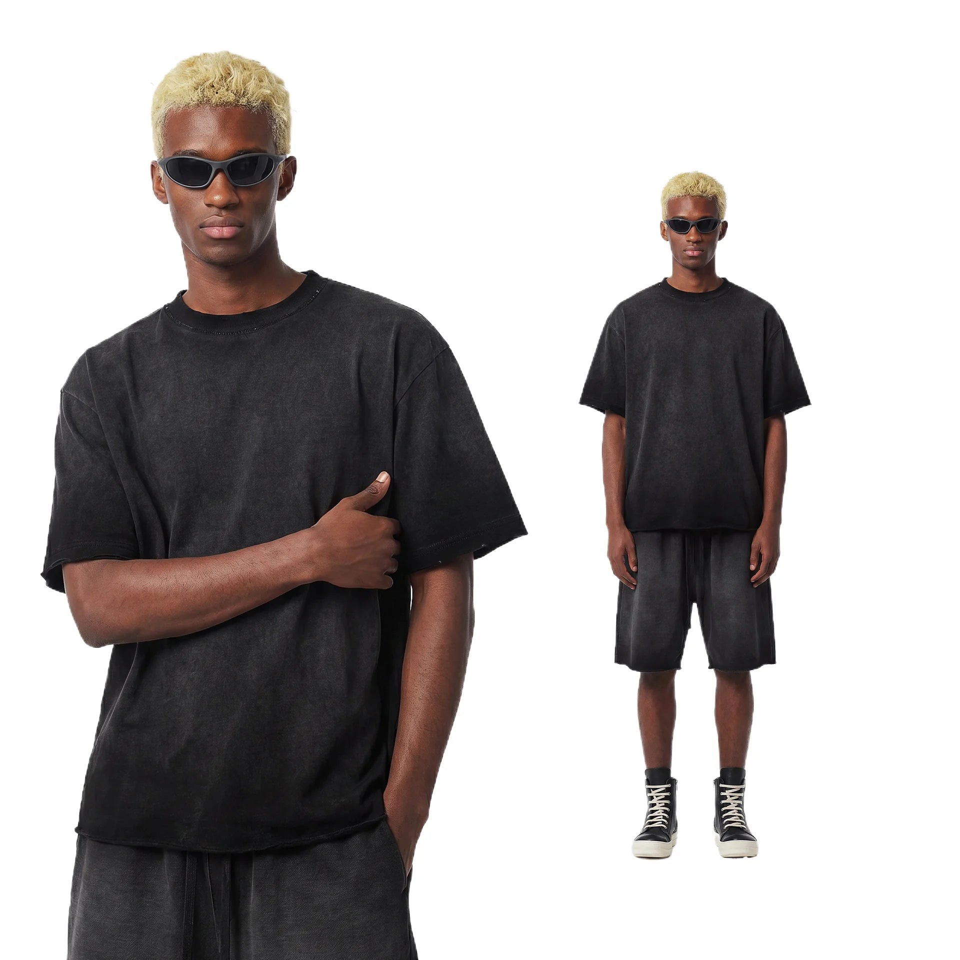 Custom LOGO men's women's 275G washed old 100% cotton spring and summer casual short sleeves American street shorts sports suit