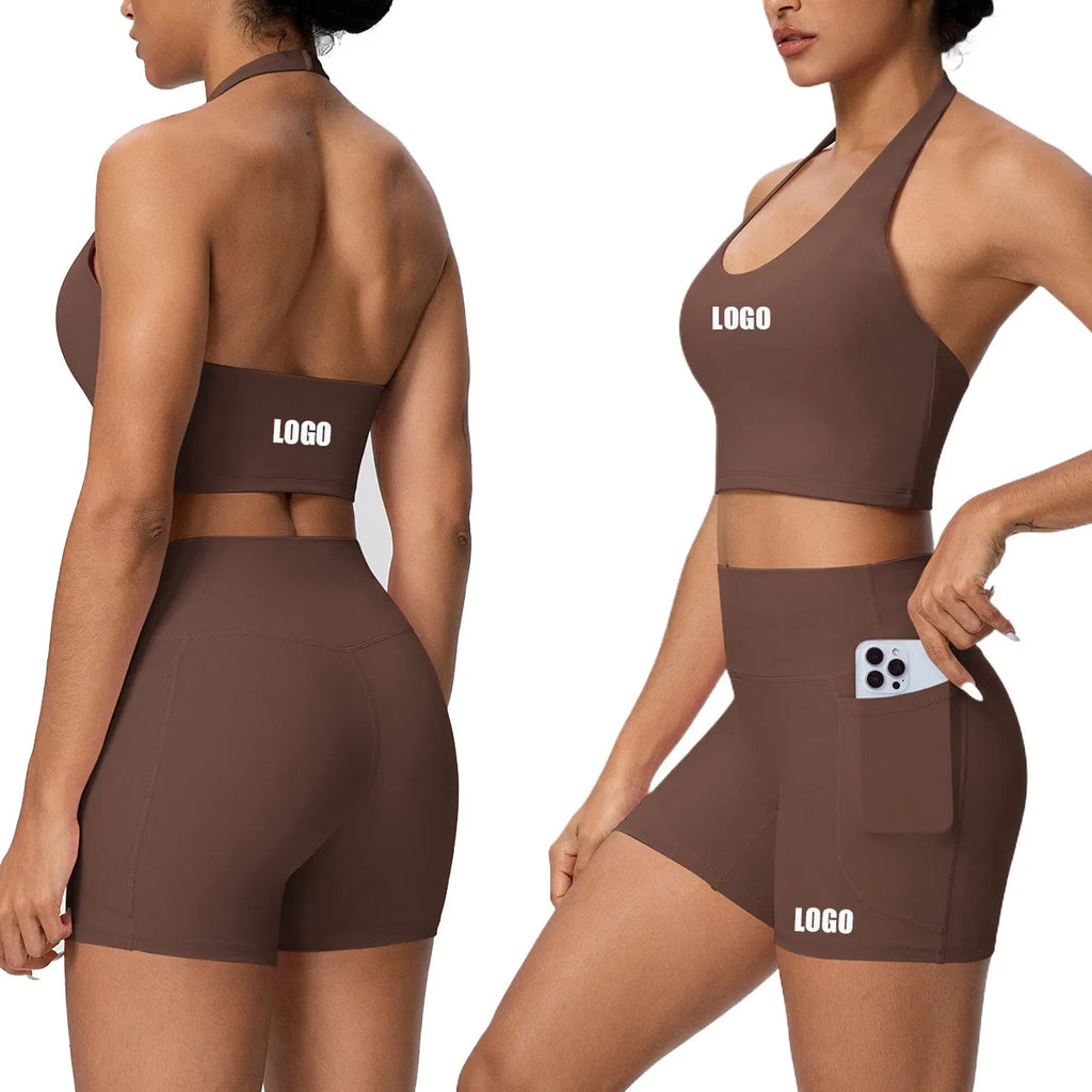 Custom LOGO new women's neck vest pocket shorts yoga clothes sports and fitness two-piece set