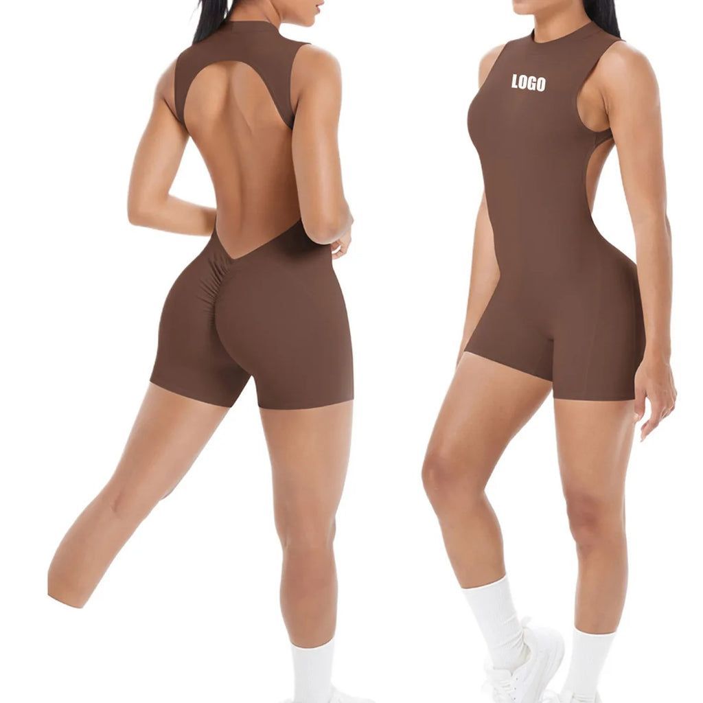 Custom LOGO women's new beautiful back pleats hip lift short onesie sports running fitness onesie yoga clothes