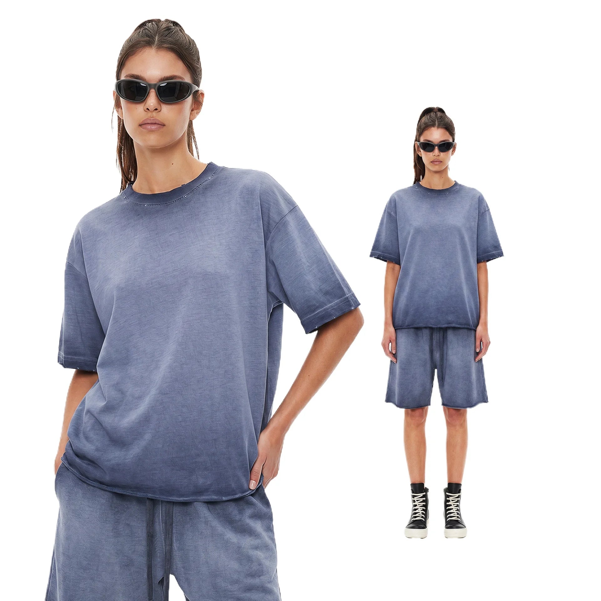 Custom LOGO men's women's 275G washed old 100% cotton spring and summer casual short sleeves American street shorts sports suit