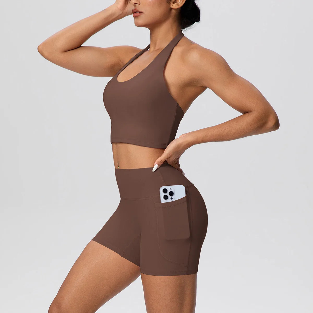 Custom LOGO new women's neck vest pocket shorts yoga clothes sports and fitness two-piece set