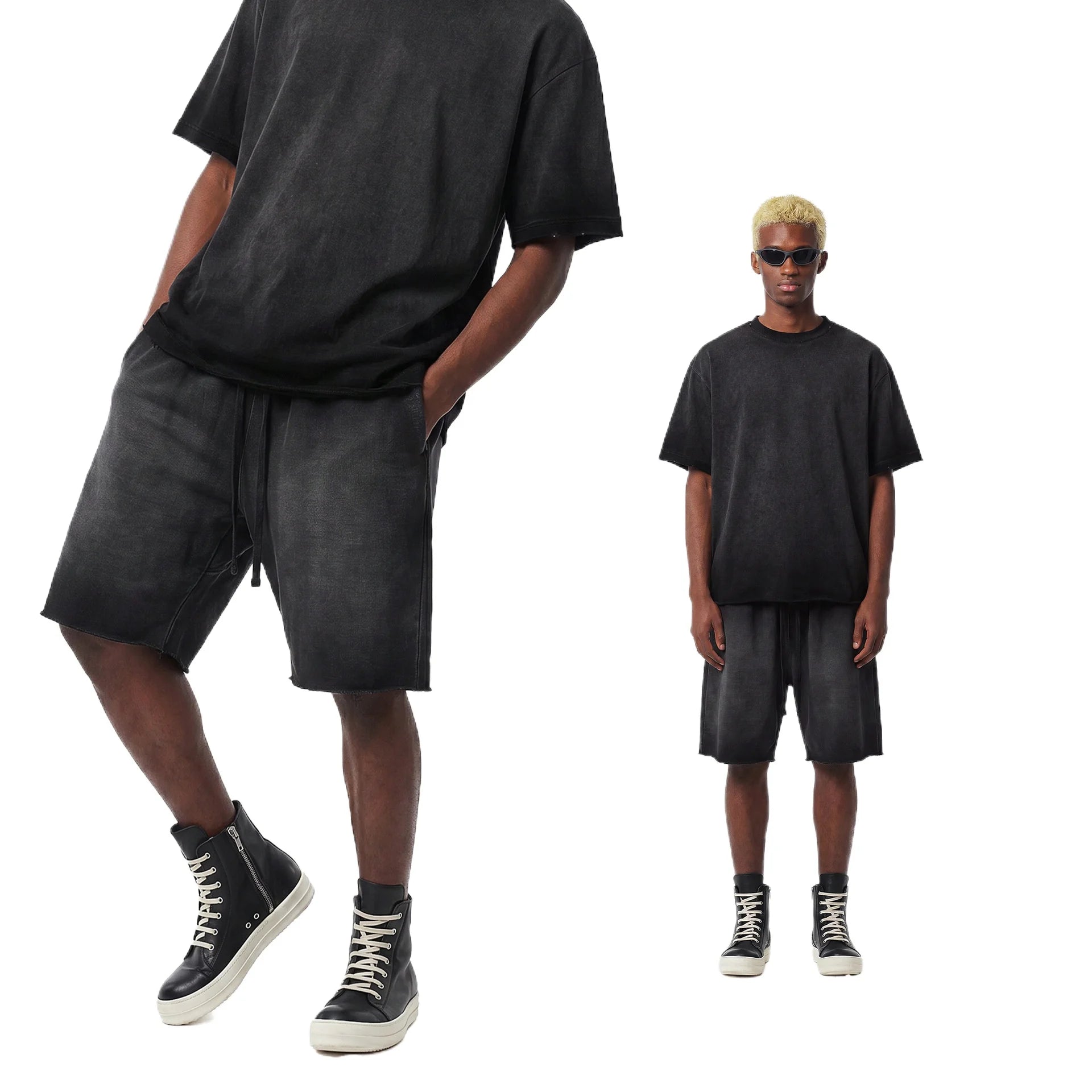 Custom LOGO men's women's 275G washed old 100% cotton spring and summer casual short sleeves American street shorts sports suit