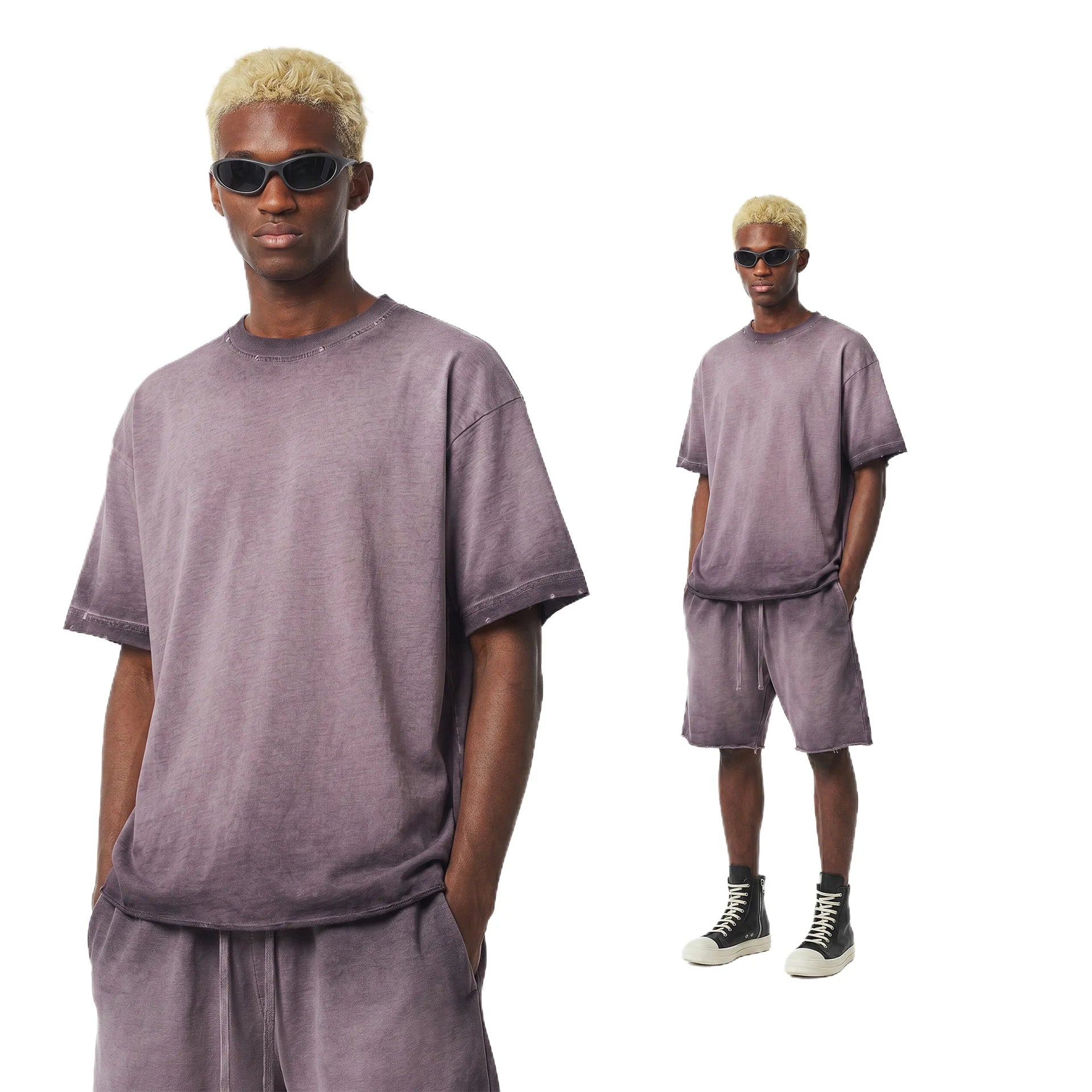 Custom LOGO men's women's 275G washed old 100% cotton spring and summer casual short sleeves American street shorts sports suit