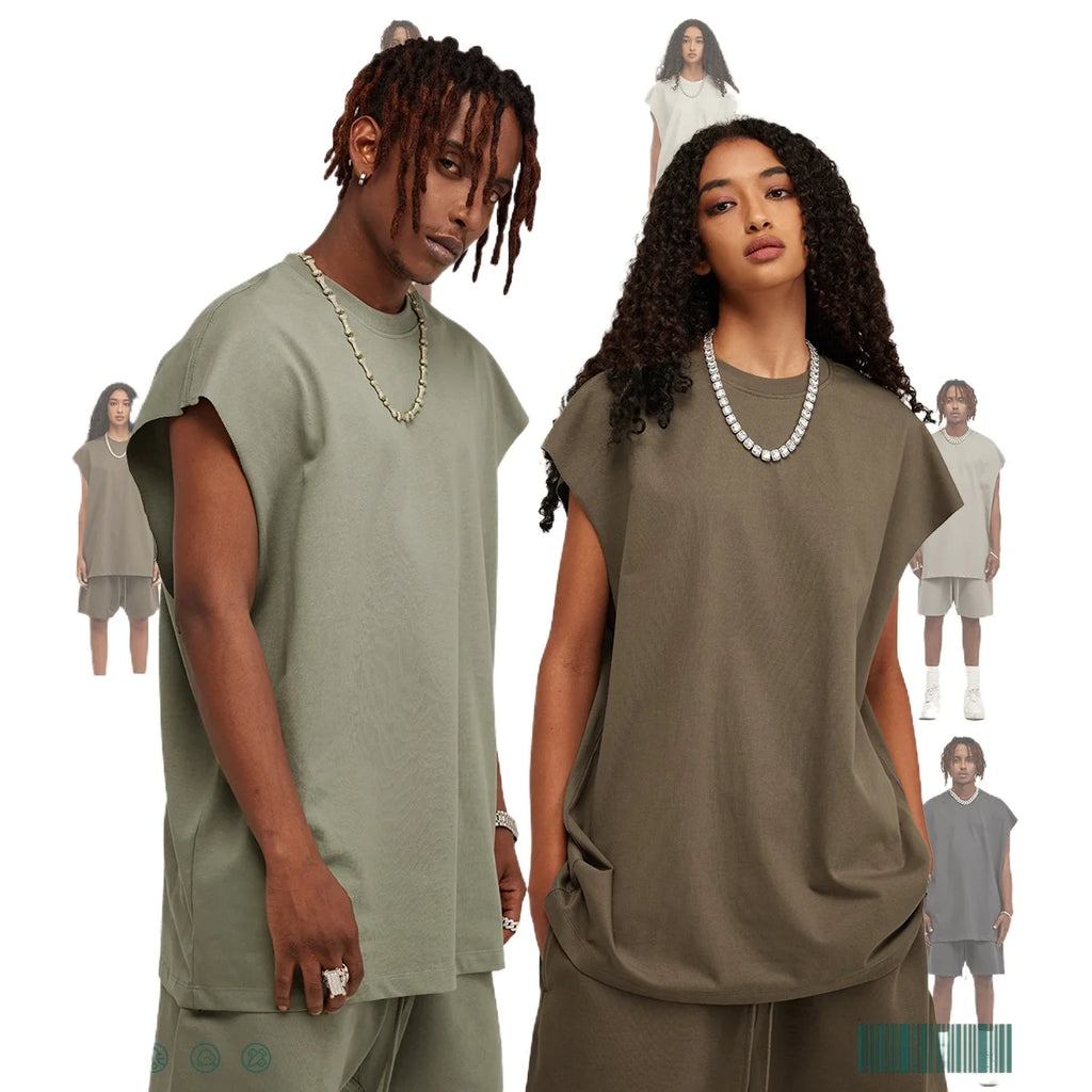Custom LOGO Women's Summer 305G Heavy 100% Cotton Sleeveless Vest Shorts Men's and Women's Couples Street Loose Sports Suit