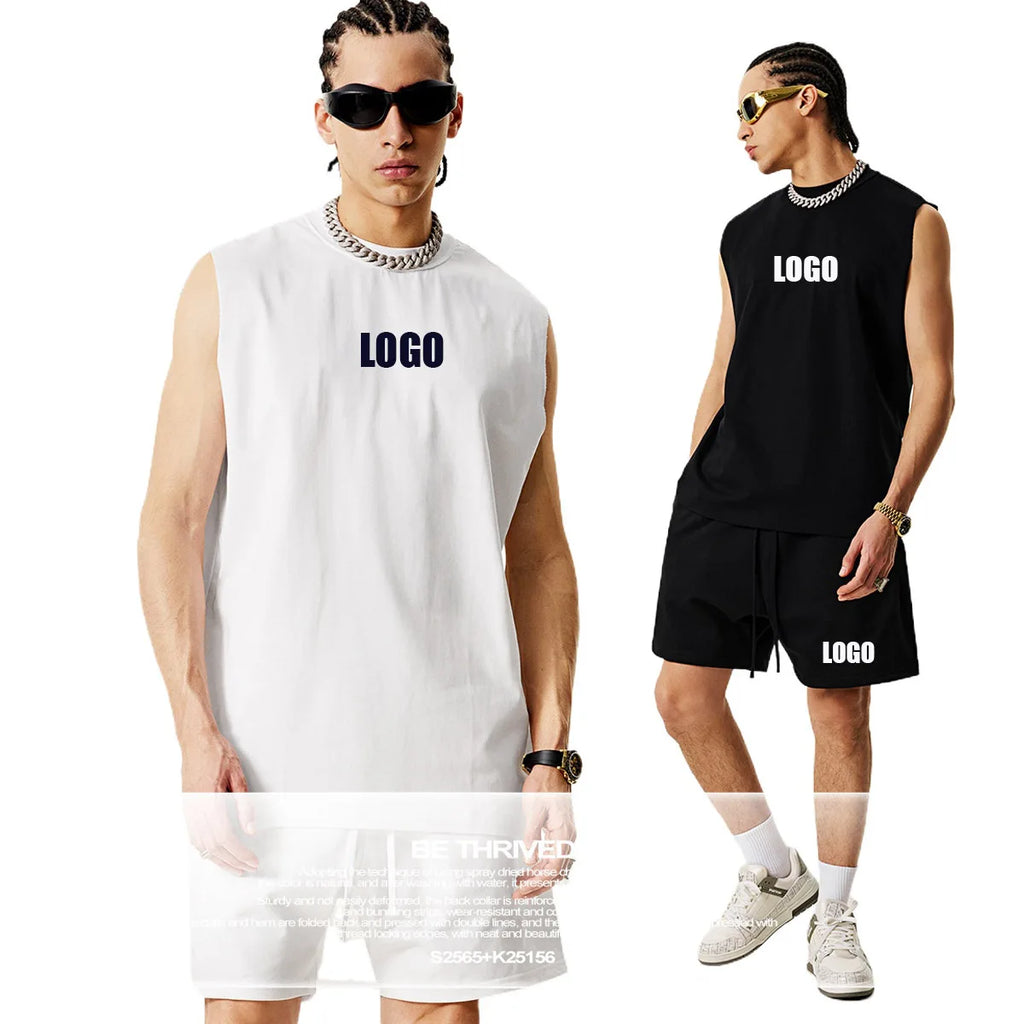 Custom LOGO for men women 2025 summer 100% cotton batik old vest 275G vest high quality casual 330G shorts couple suit