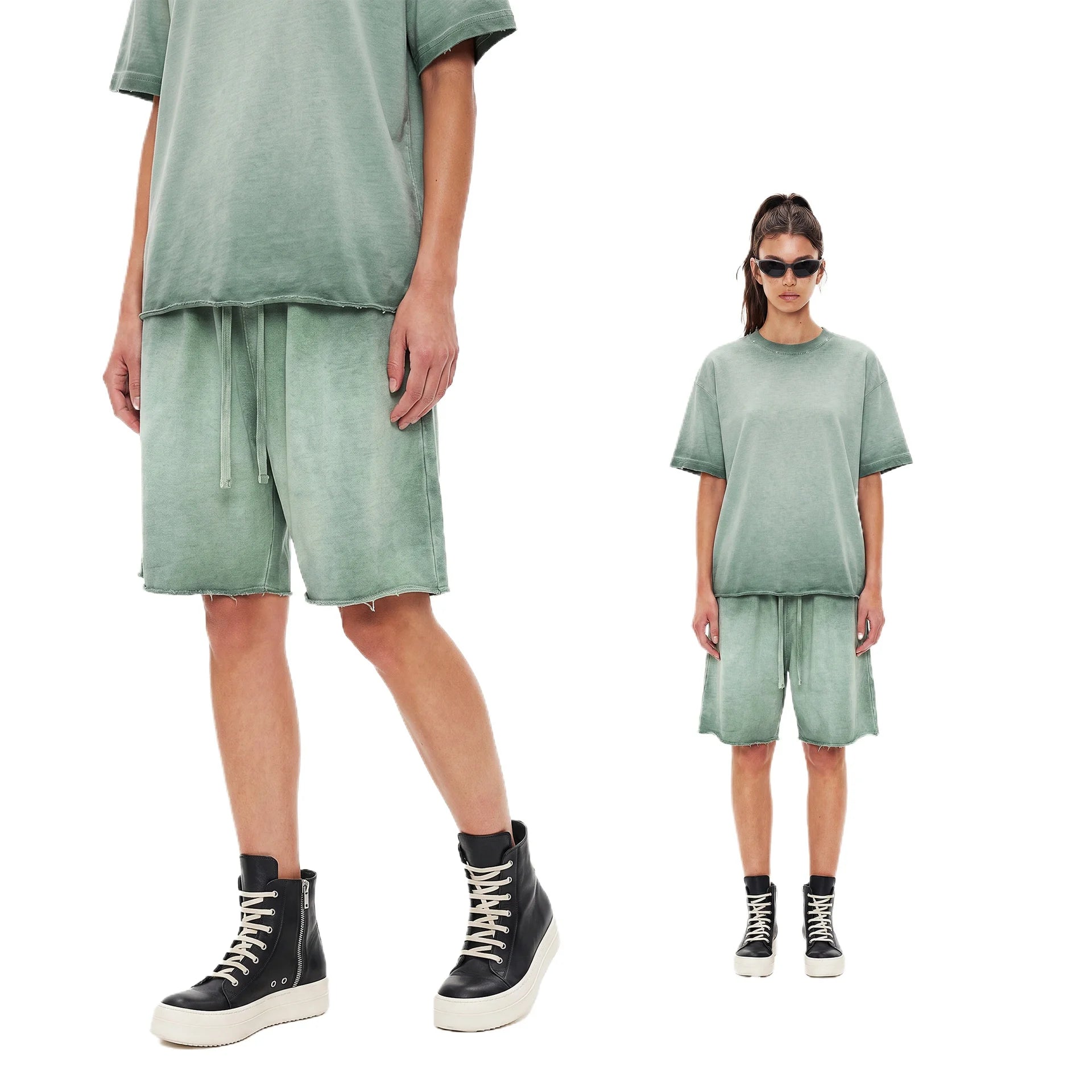 Custom LOGO men's women's 275G washed old 100% cotton spring and summer casual short sleeves American street shorts sports suit