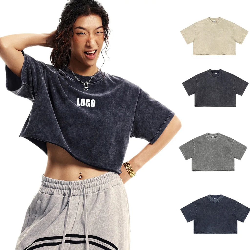 Customized LOGO women's new 250G Spice Girl 100% cotton new old washed short-sleeved t-shirt crop top