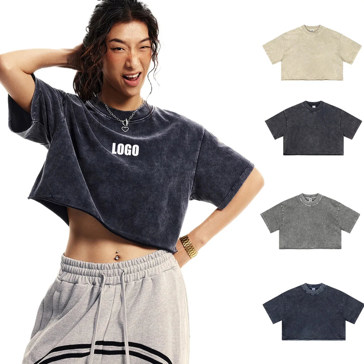Customized LOGO women's new 250G Spice Girl 100% cotton new old washed short-sleeved t-shirt crop top