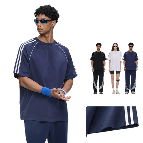 Custom LOGO Men's 100% cotton striped short-sleeved trousers contrasting colors casual sports outdoor street hip-hop suit