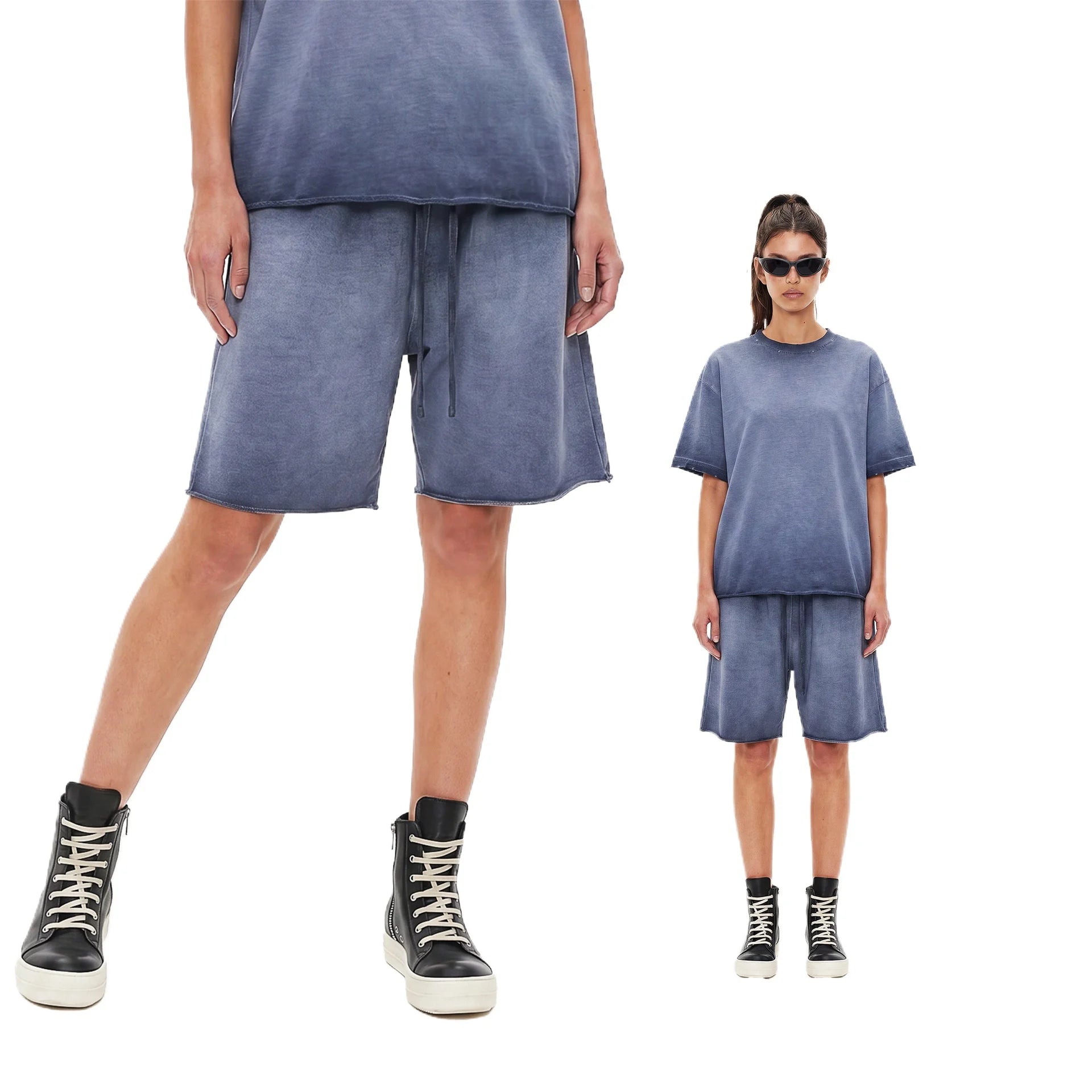 Custom LOGO men's women's 275G washed old 100% cotton spring and summer casual short sleeves American street shorts sports suit