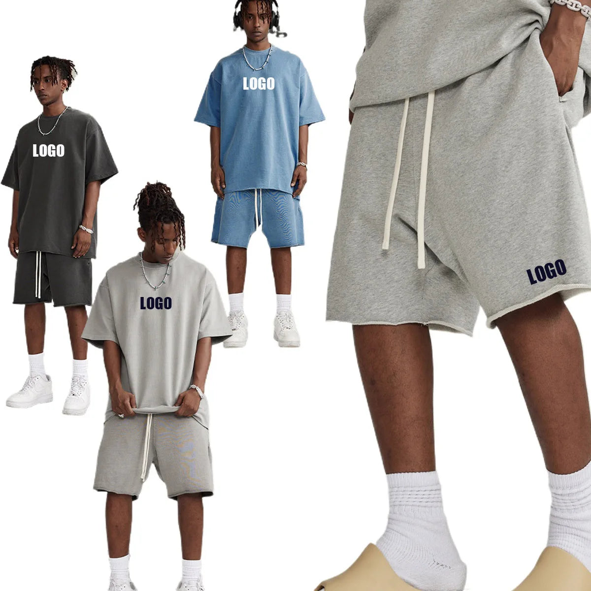 Custom LOGO men's summer short sleeves 260G shorts 410G heavy 100% cotton zip pocket loose edge washed old couple suit
