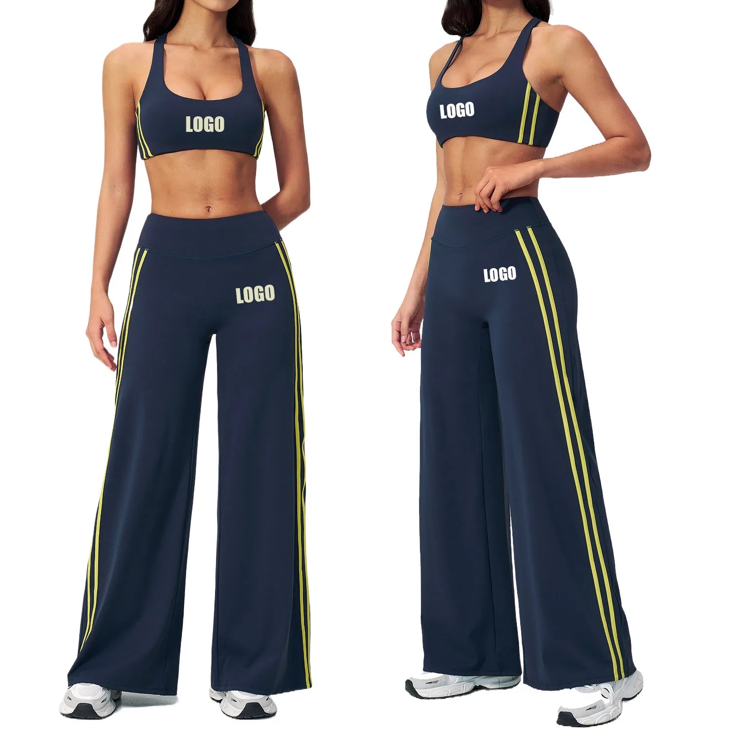 Custom LOGO women's color-matching yoga three-dimensional beauty back outdoor sports fitness vest wide-leg pants two-piece set