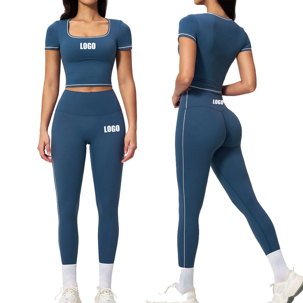 Custom LOGO women's yoga high waist tight trousers hip-lifting sports quick-drying short-sleeved fitness clothes two-piece set