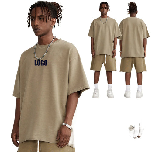 Custom LOGO men's summer short sleeves 260G shorts 410G heavy 100% cotton zip pocket loose edge washed old couple suit
