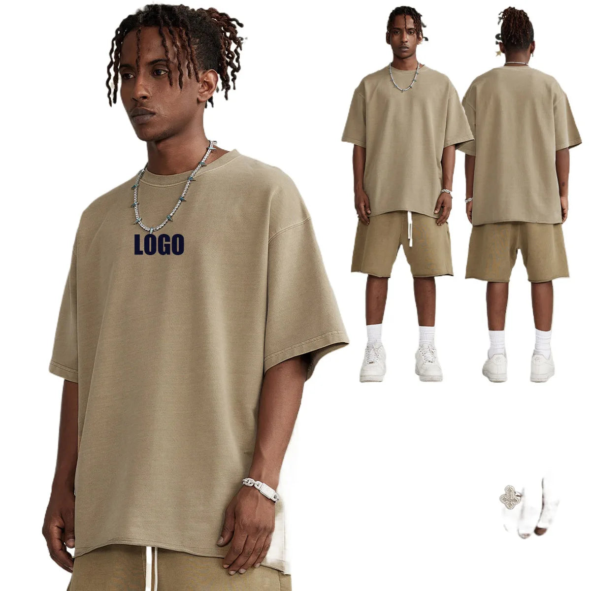 Custom LOGO men's summer short sleeves 260G shorts 410G heavy 100% cotton zip pocket loose edge washed old couple suit