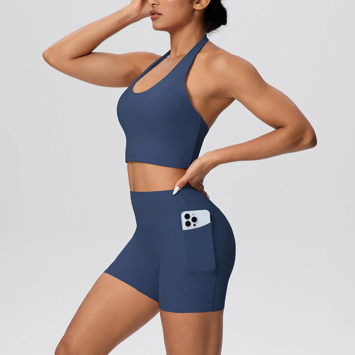 Custom LOGO new women's neck vest pocket shorts yoga clothes sports and fitness two-piece set