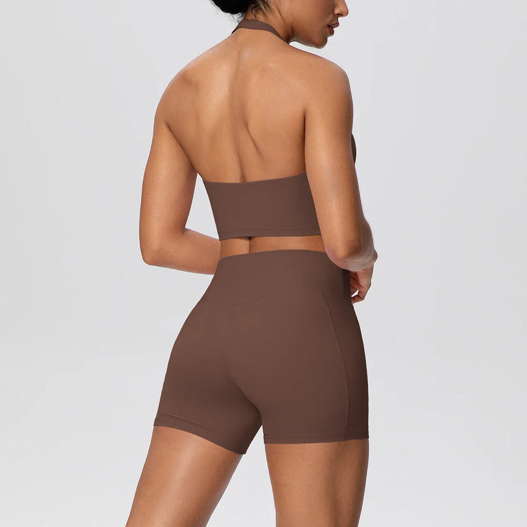 Custom LOGO new women's neck vest pocket shorts yoga clothes sports and fitness two-piece set