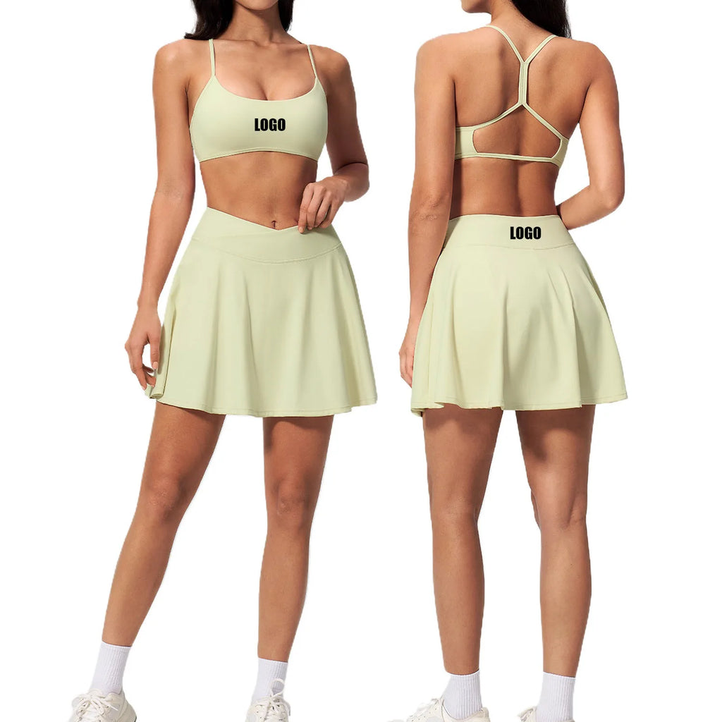 Customized LOGO women's new sports beauty back bra anti-light skirt with pockets running sports quick-drying yoga two-piece set