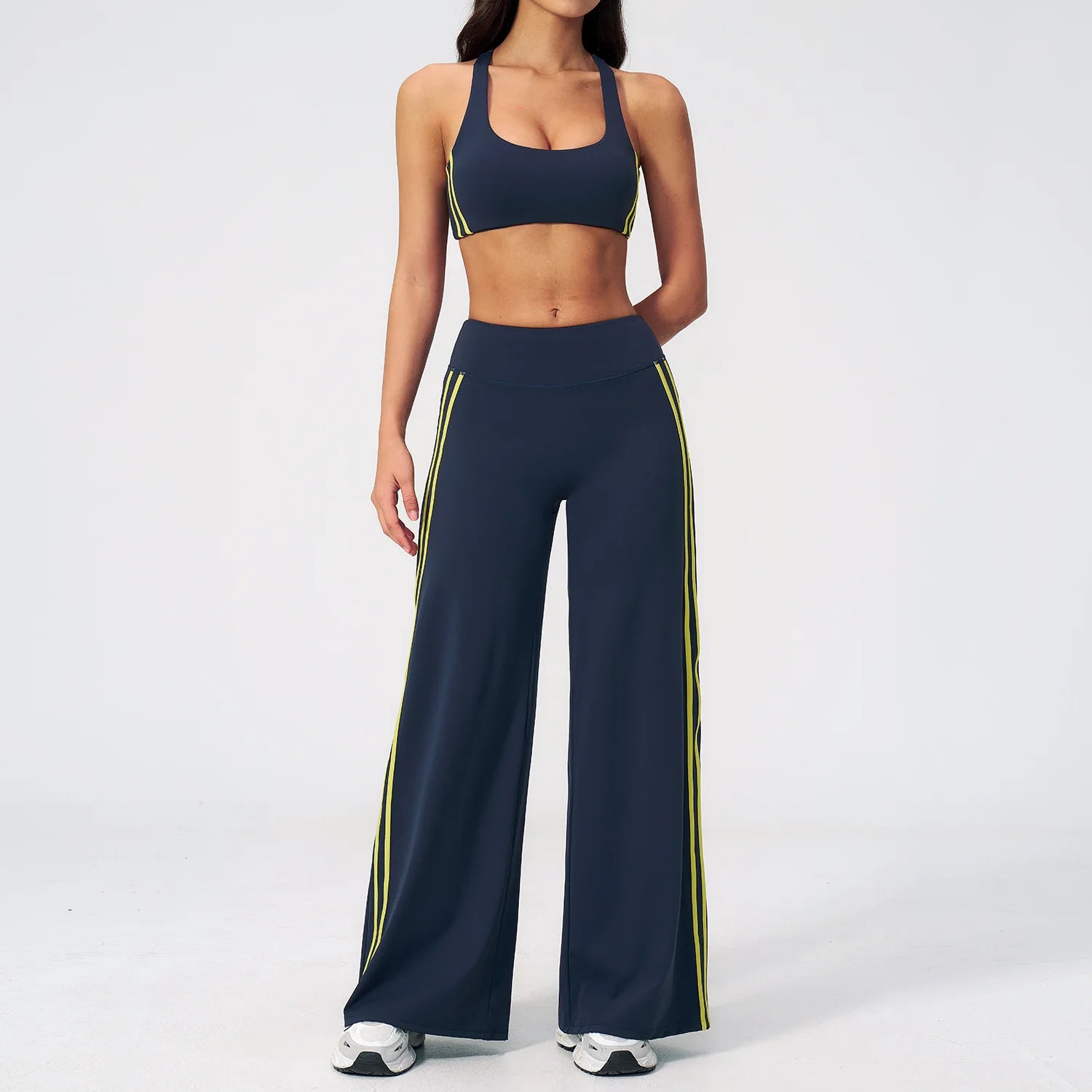 Custom LOGO women's color-matching yoga three-dimensional beauty back outdoor sports fitness vest wide-leg pants two-piece set