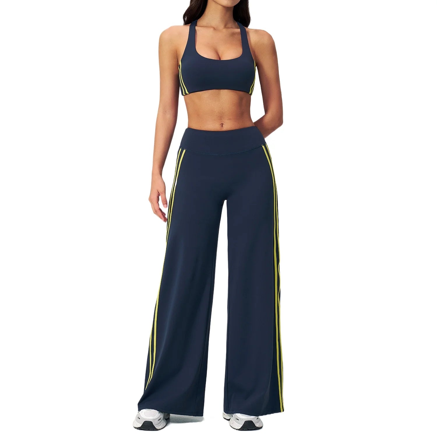 Custom LOGO women's color-matching yoga three-dimensional beauty back outdoor sports fitness vest wide-leg pants two-piece set