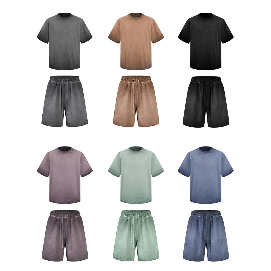 Custom LOGO men's women's 275G washed old 100% cotton spring and summer casual short sleeves American street shorts sports suit