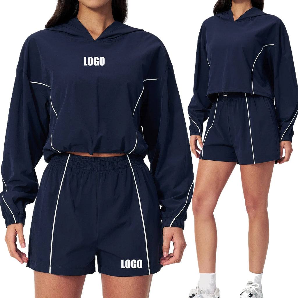 Custom LOGO women's summer sports sunscreen  contrasting outdoor casual running fitness quick-drying shorts hoodie two-piece set