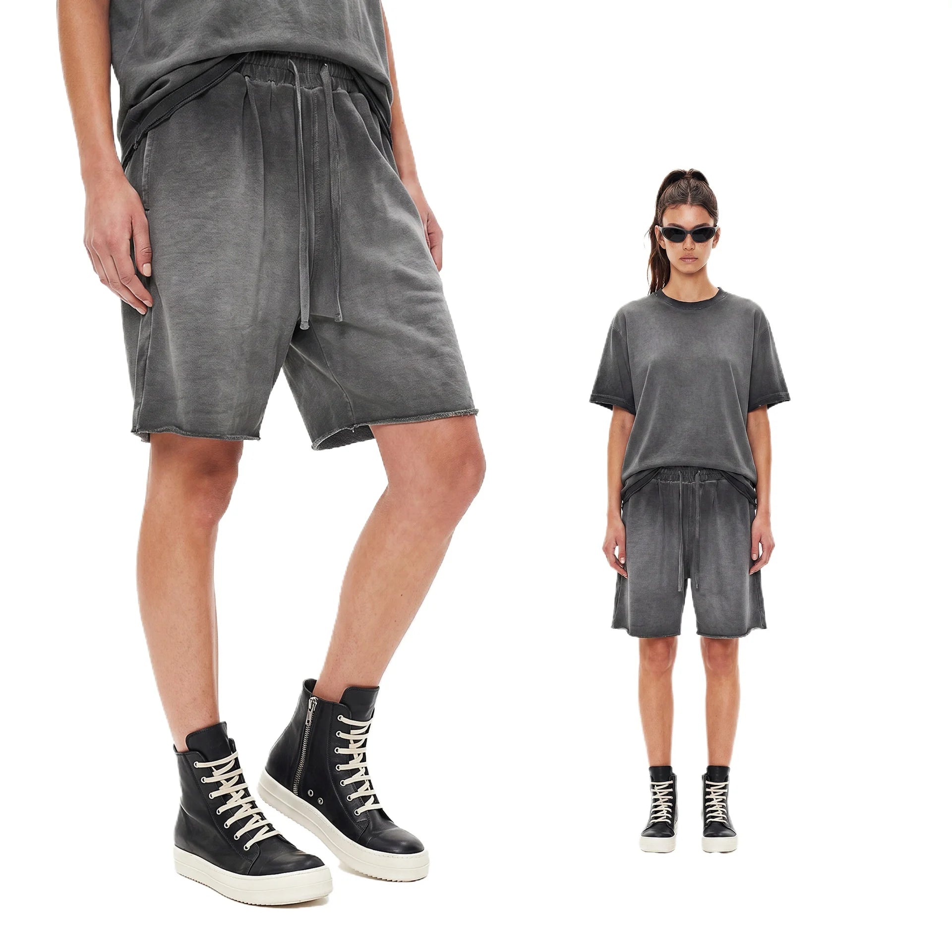 Custom LOGO men's women's 275G washed old 100% cotton spring and summer casual short sleeves American street shorts sports suit