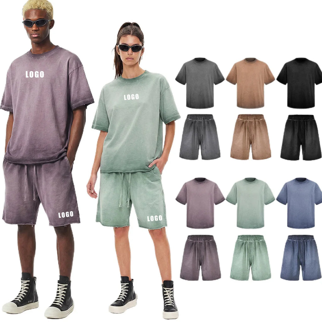 Custom LOGO men's women's 275G washed old 100% cotton spring and summer casual short sleeves American street shorts sports suit