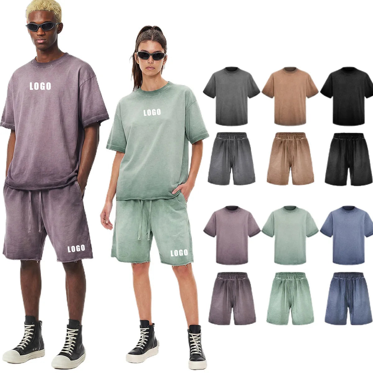 Custom LOGO men's women's 275G washed old 100% cotton spring and summer casual short sleeves American street shorts sports suit