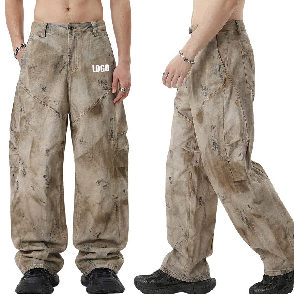 Custom LOGO men's 270G pure cotton high street retro casual pants scimitar denim texture mud yellow old loose wide-leg pants