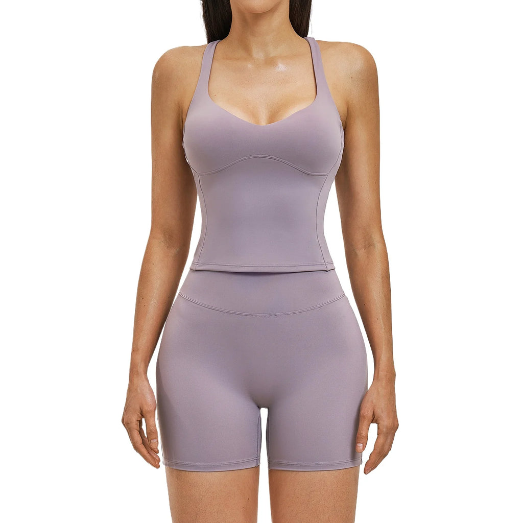 Custom LOGO Women's Cross Back Yoga Suit Shock Absorption Outdoor Casual Vest Shorts Fitness Sports Two-piece Set