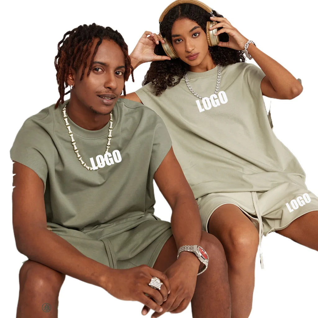 Custom LOGO Women's Summer 305G Heavy 100% Cotton Sleeveless Vest Shorts Men's and Women's Couples Street Loose Sports Suit