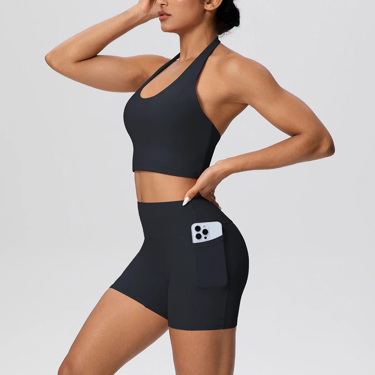 Custom LOGO new women's neck vest pocket shorts yoga clothes sports and fitness two-piece set
