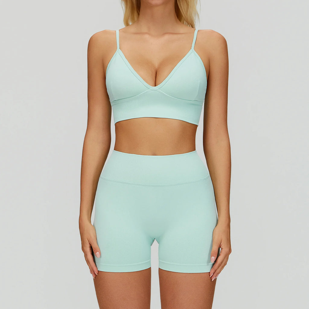 Custom LOGO women's seamless tight yoga quick-drying fitness wear outdoor running vest shorts sports two-piece set