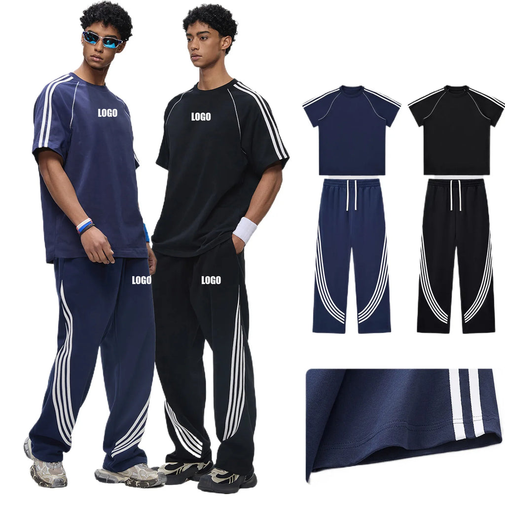 Custom LOGO Men's 100% cotton striped short-sleeved trousers contrasting colors casual sports outdoor street hip-hop suit