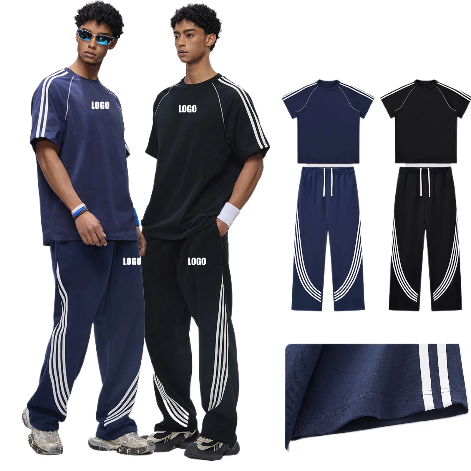 Custom LOGO Men's 100% cotton striped short-sleeved trousers contrasting colors casual sports outdoor street hip-hop suit